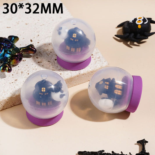 Spooky Transparent Crystal Ball with Black Castle, Bat & White Skull Inside Silicone Focal Beads, 30*32MM