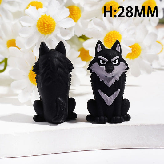 3D Cute Black & Gray Sitting Wolf Silicone Focal Bead with Fierce Gaze, Height 28MM