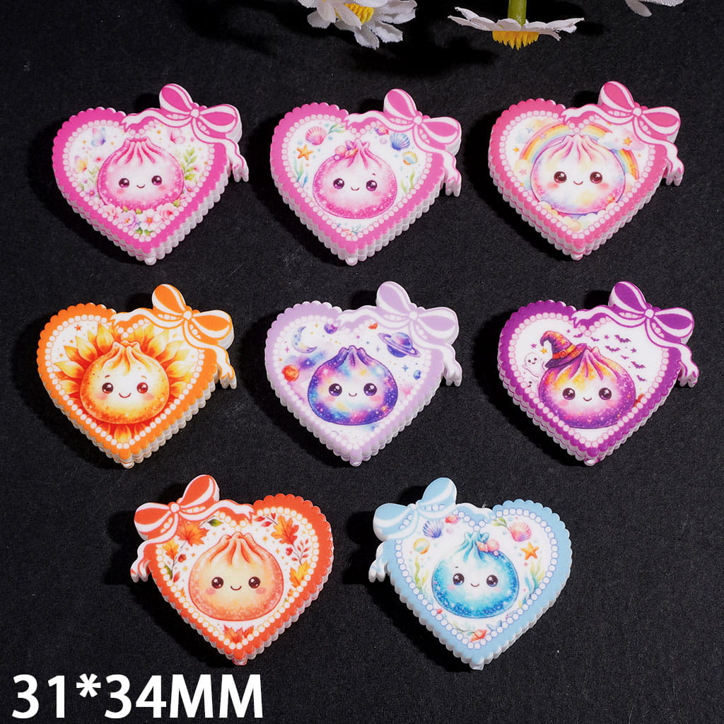 Silicone Focal Beads Heart Shape with Various Style Dumpling and Bowknot, 31*34MM Multi-Colors, Random Mix