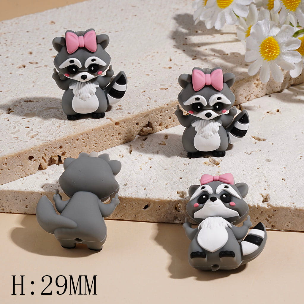 3D Raccoon with Pink Bow and Humor Gesture Silicone Focal Beads Height 29MM