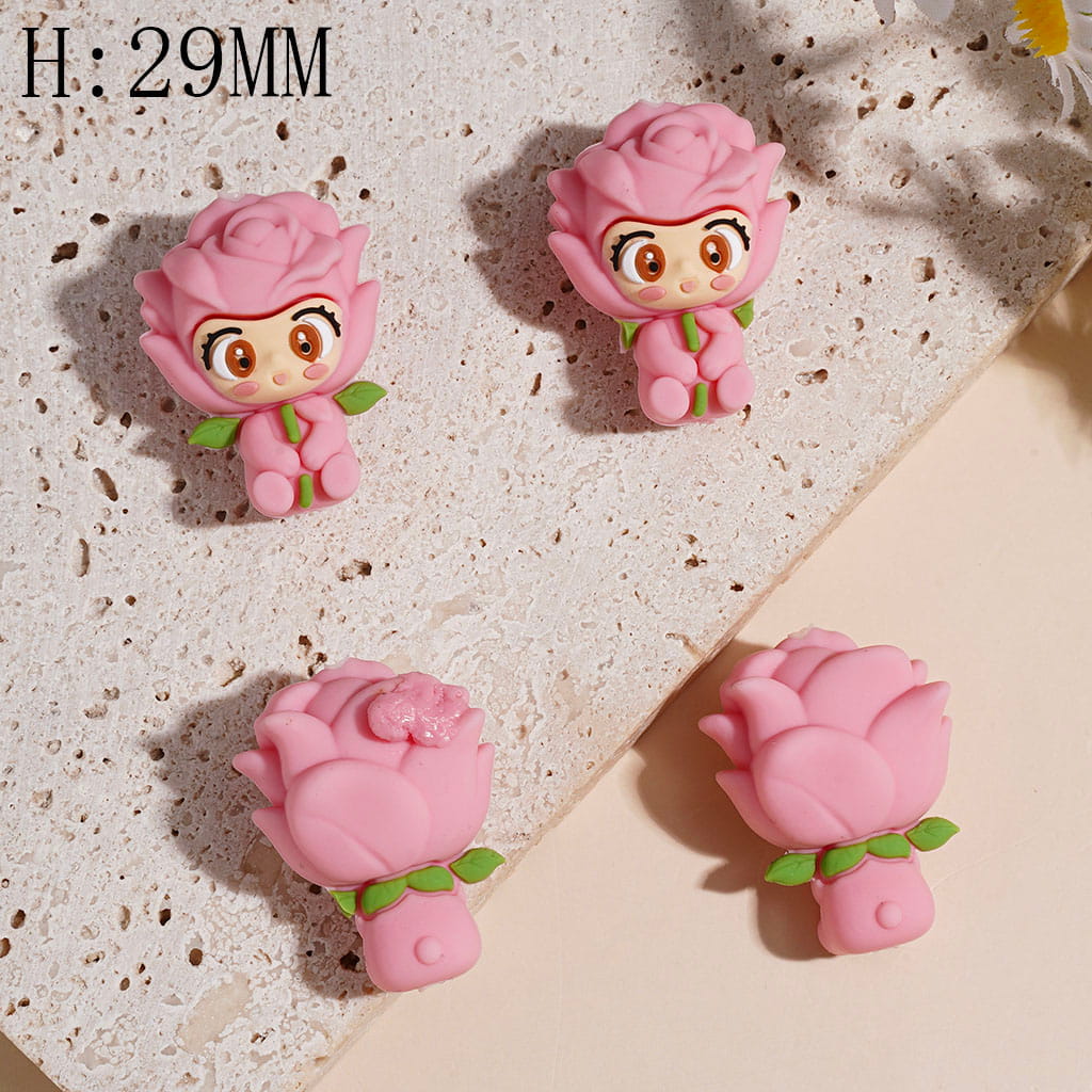 Silicone Focal Beads 3D Rose Flower Shaped Girl with Green Leaf Wings, Height 29MM