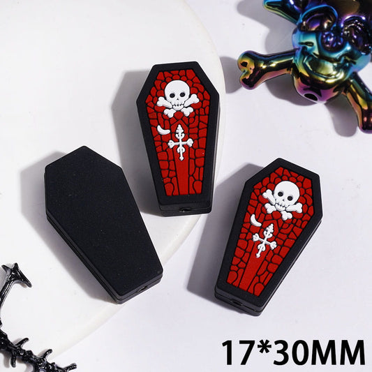 Skull & Cross Coffin Halloween Spooky Red & Black Theme Silicone Focal Beads, 17*30MM