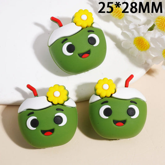 3D Cute Smiling Coconut with Red Straw & Yellow Flower Silicone Focal Beads 25*28MM