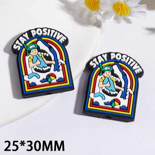 Rainbow Angel with "Stay Positive" Text Silicone Focal Beads 25*30MM