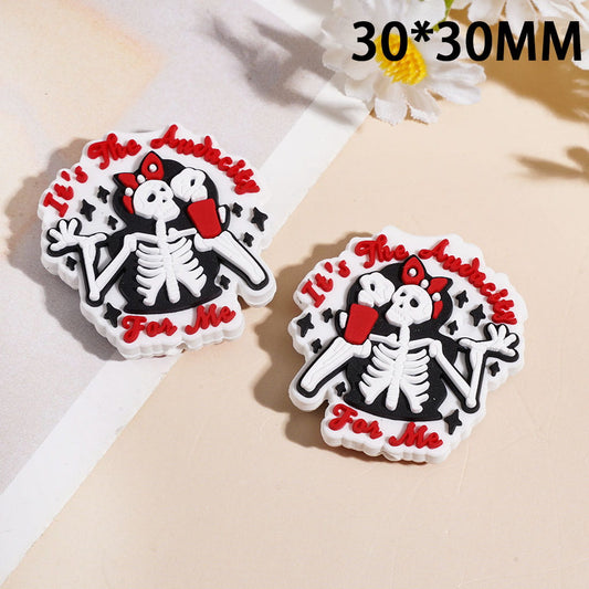 Skeleton with Red Bow & "It's Anatomy for Me" Text Halloween Theme Silicone Focal Beads, 30*30MM