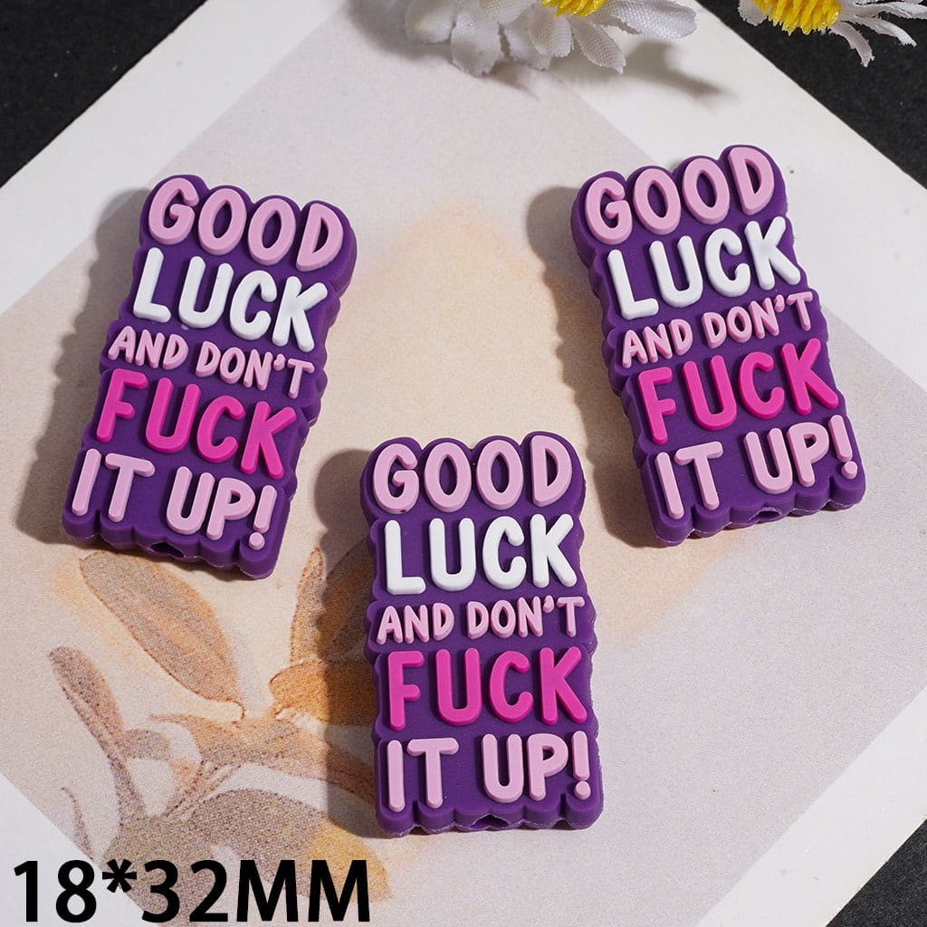 Silicone Focal Beads with Text "GOOD LUCK AND DON'T HUMOR IT UP" on Purple Background, Flat Rectangle Shape, 18*32MM