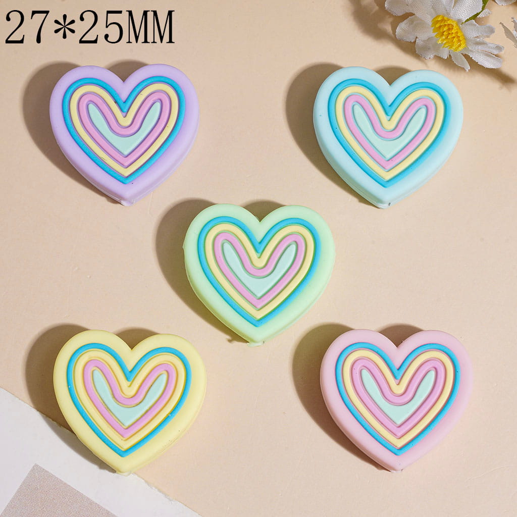 Cute Rainbow Multilayer Heart Silicone Focal Beads, 27*25MM, Multi-Color, Random Mix