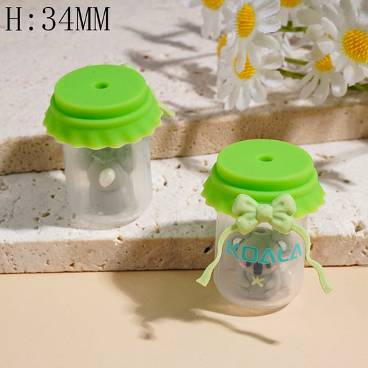 3D Koala and Colorful Stones Jar with Green Bottle Cap Soft Silicone Focal Beads with Bow Design, Height 34MM