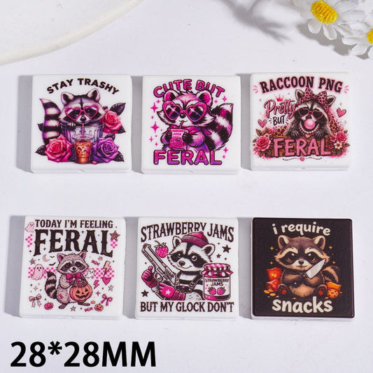 Cute Raccoon Character Printed Pink Black Series Flat Square Shape Silicone Focal Beads, 28*28MM, Assorted Designs, Random Mix