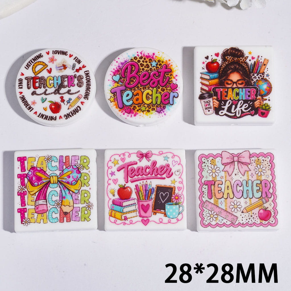 "TEACHER" Theme Silicone Focal Beads, Flat Square and Round Shape, Random Mix