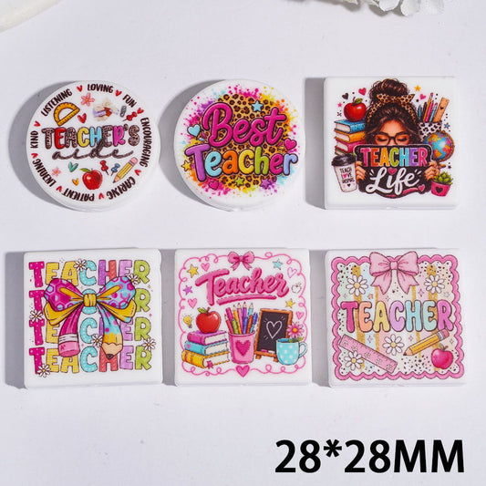 Teacher Theme Printed Flat Square and Round Shape, Silicone Focal Beads, 28*28MM, Assorted Designs, Random Mix