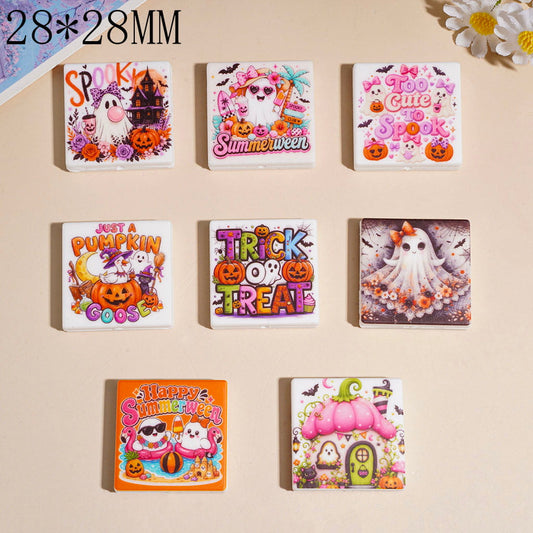 Spooky Halloween Silicone Focal Beads with Ghost, Pumpkin, Bat & Haunted Castle, Flat Square Shape, 28*28MM, Random Mix