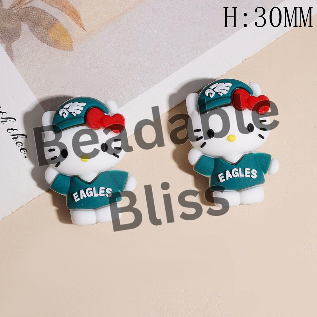 3D Cute Cat Character Wearing American Football Clothes and Eagle Cap Silicone Focal Beads, Height 30MM