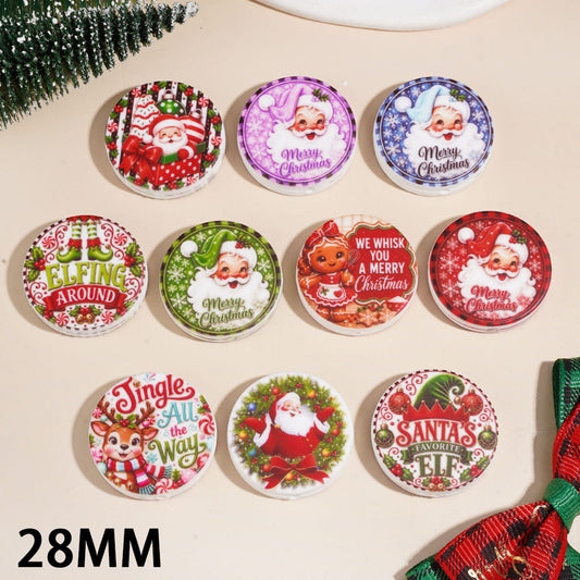 Festive Santa, Gingerbread Men, Reindeer, Boot & Hat Christmas Theme Flat Round Shape Silicone Focal Beads, 28MM, Random Mix