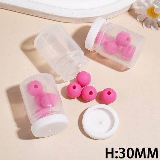 Lovely Mini Transparent Bottle with Rose Pink Round Silicone Beads & White Lid, Silicone Shaker Beads, Height 30MM (The Bottle Cap can be Installed and Removed)