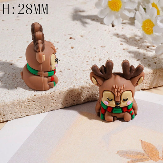 3D Festive Sleeping Reindeer Wearing Red & Green Scarf Silicone Focal Beads, Height 28MM