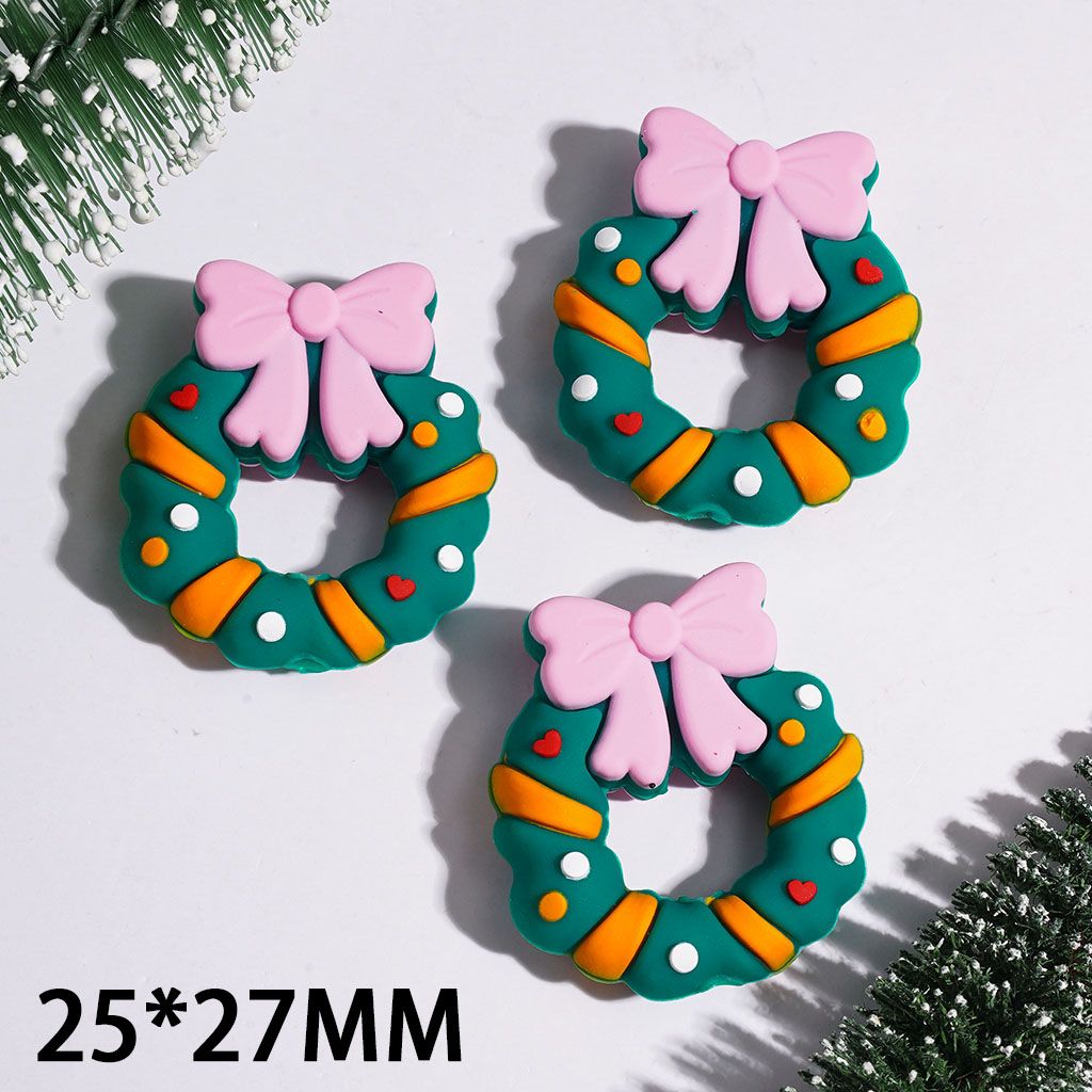 3D Festive Christmas Wreath with Cute Pink Bowtie Silicone Focal Beads, 25*27MM