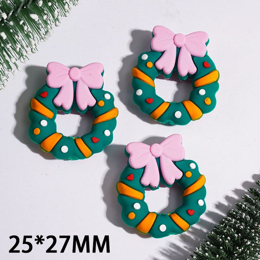 3D Festive Christmas Wreath with Cute Pink Bowtie Silicone Focal Beads, 25*27MM