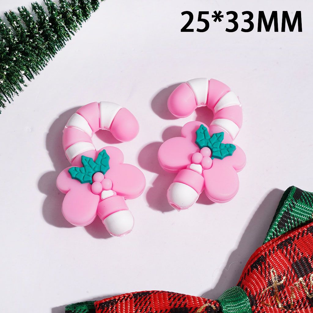 3D Whimsical Christmas Candy Cane with Pink Butterfly Wings & Green Leaf Silicone Focal Bead, 25*33MM