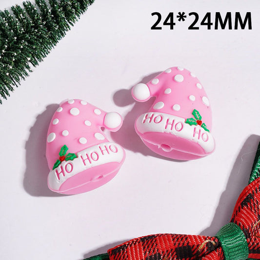 3D Cheerful Pink Hat with “HO HO HO” & Holly Detail Christmas Theme Silicone Focal Bead, 24*24MM
