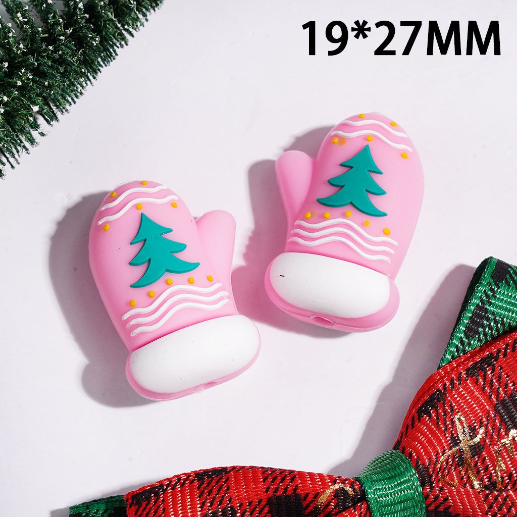 3D Charming Pink Glove with Green Tree, Wavy Lines & Yellow Dots Silicone Focal Bead, 19*27MM