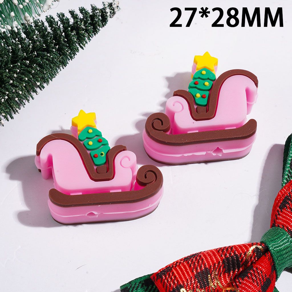 3D Merry Pink Christmas Sleigh with Green Tree and Yellow Star Silicone Focal Bead, 27*28MM