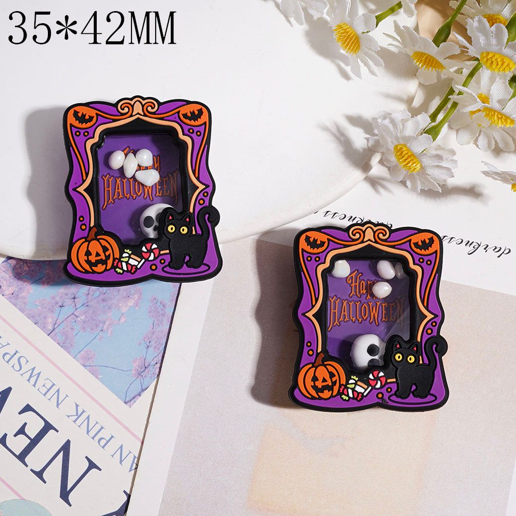 Spooky Black Cat & Pumpkin Purple Picture Frame with Skull, Stone & “Happy Halloween” Text Silicone Shaker Bead, 35*42MM