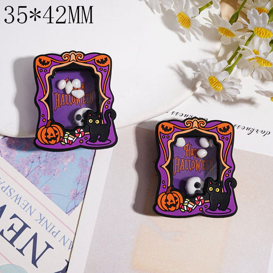 Spooky Black Cat & Pumpkin Purple Picture Frame with Skull, Stone & “Happy Halloween” Text Silicone Shaker Bead, 35*42MM