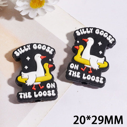 Cartoon White Goose Wearing Yellow Floatie, with text "Silly Goose On The Loose" Silicone Focal Beads , 20*29MM