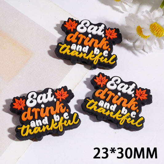 Festive “Eat, Drink & Be Thankful” Text with Orange & Red Maple Leaves Silicone Focal Bead, 23*30MM