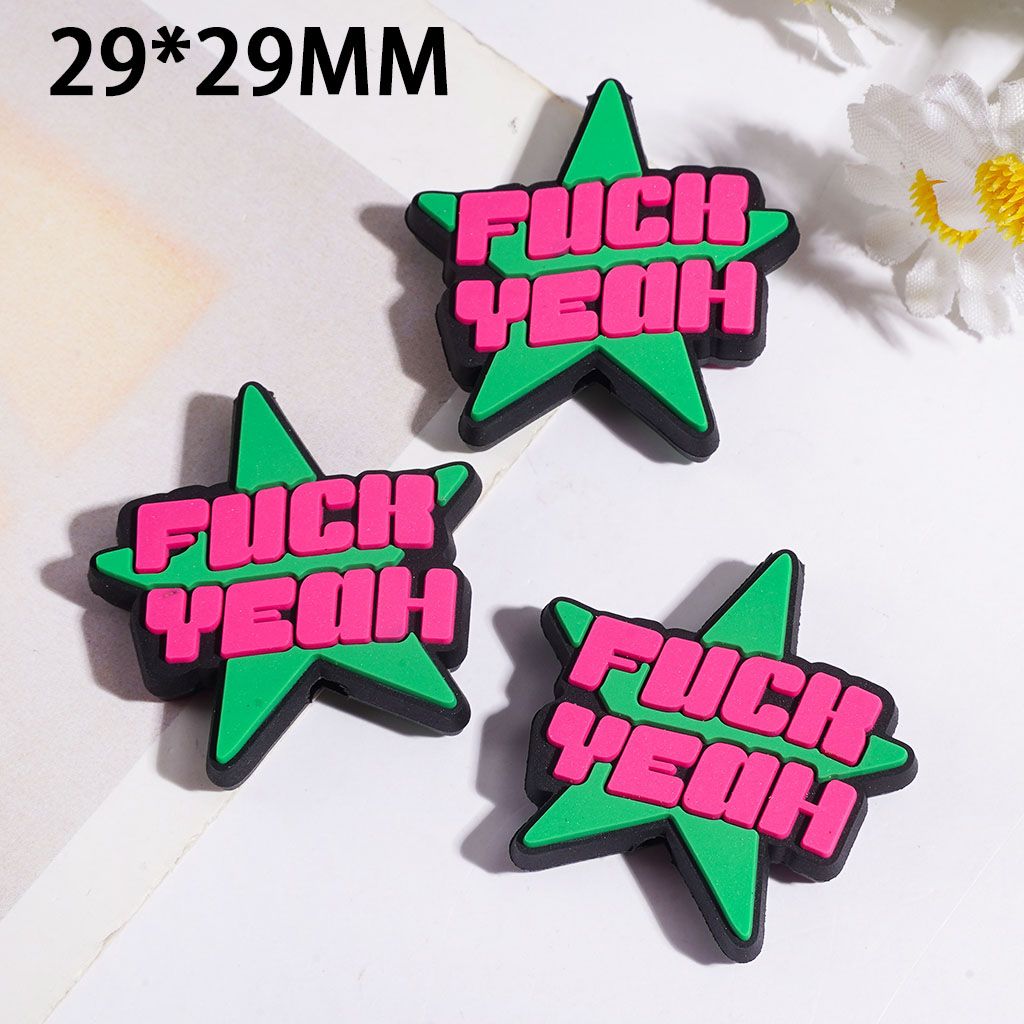 Playful Humor Text on Green Five-Pointed Star Shape Silicone Focal Bead, 29*29MM