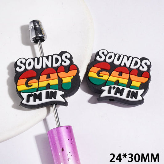 Assorted Color Funny Text "SOUNDS Humor I'M IN" on Black Background Silicone Focal Beads, 24*30MM