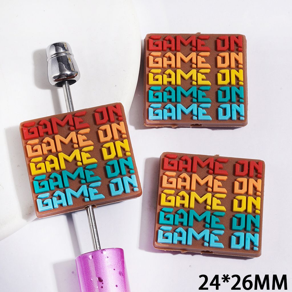 Silicone Focal Beads with Text "GAME ON" on Brown Background, Flat Square Shape, 24*26MM
