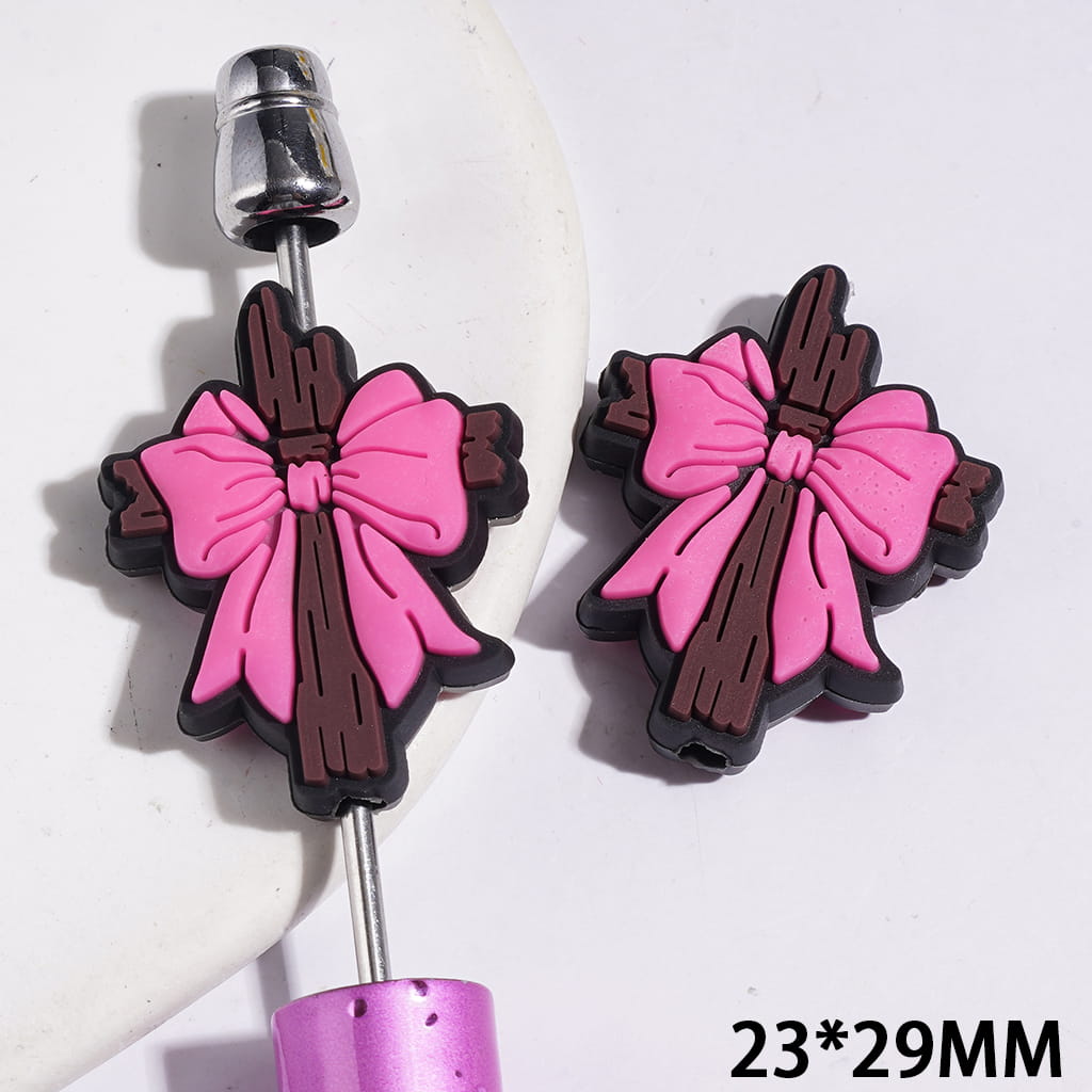Silicone Focal Beads Brown Wooden Cross with Pink Bowtie, 23*29MM