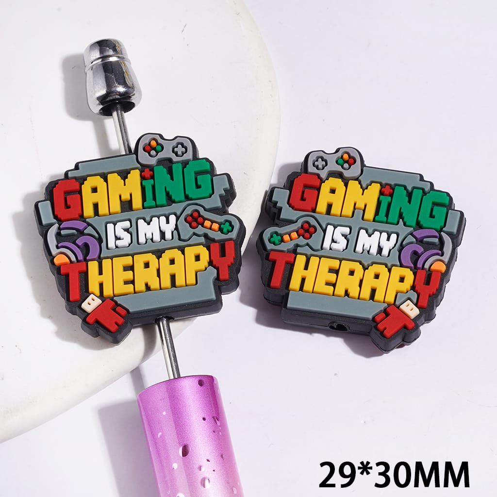 Silicone Focal Beads with Text "GAMING IS MY THERAPY" & Game Controller & Wired Headset & Pixel Man, 29*30MM