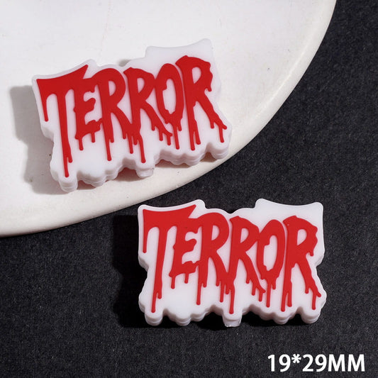 Creepy Horror-Style Red Liquid “TERROR” Text on White Background Silicone Focal Beads, 19*29MM