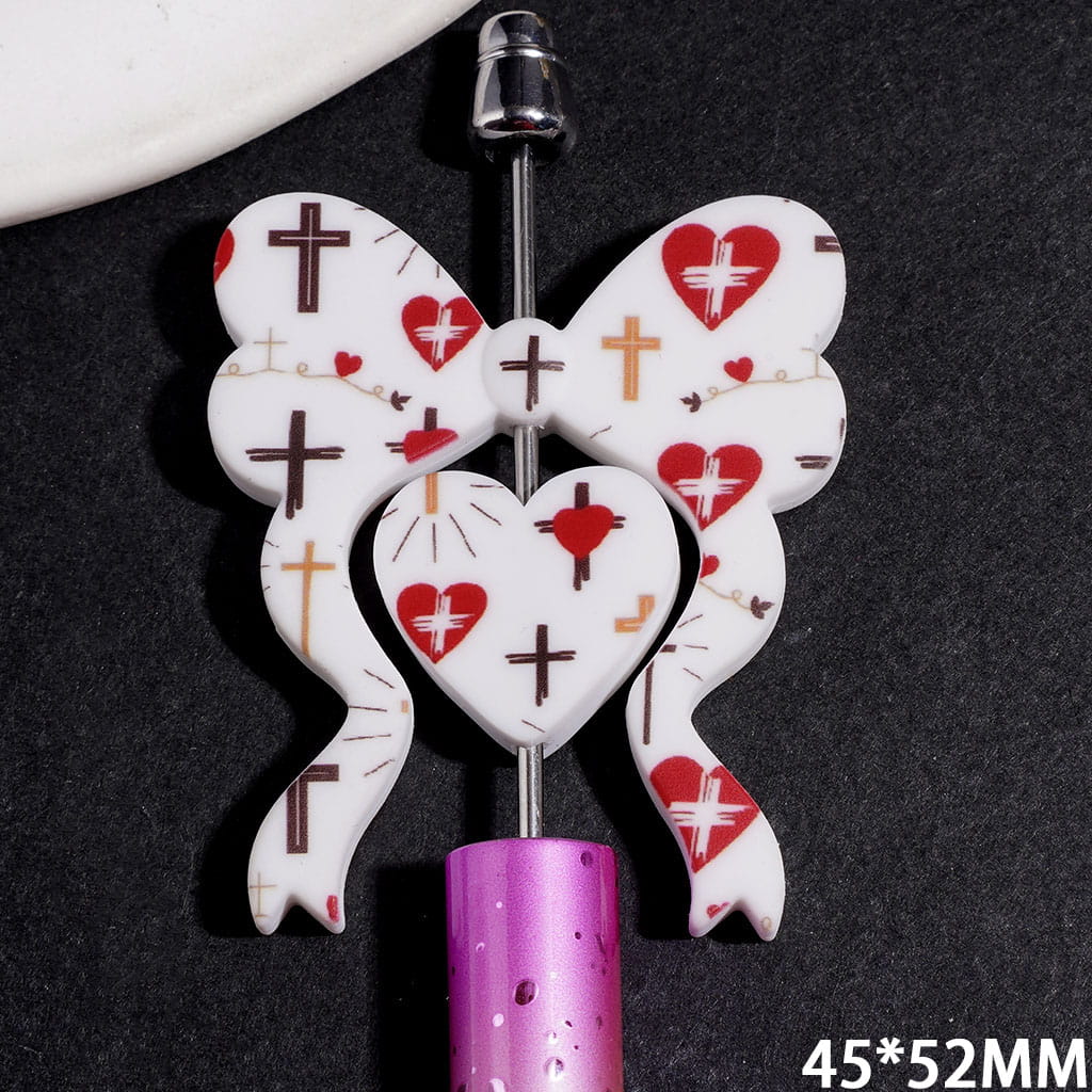 Religious Series Collection Set Silicone Focal Beads, Bowtie and Heart with Heart Cross Pattern on White Background, 45*52MM
