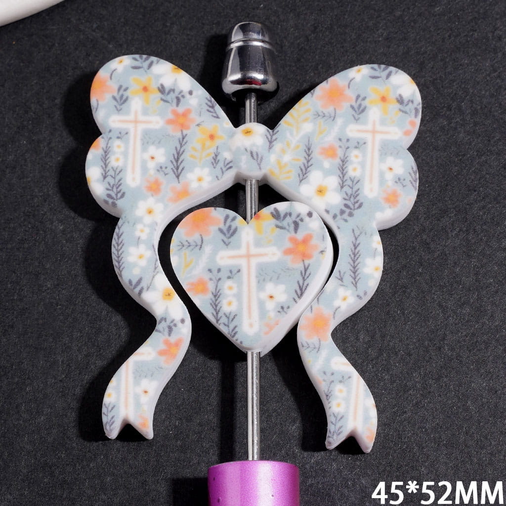 Silicone Focal Beads Bowtie and Heart Collection Set with Cross Flower Pattern, 45*52MM