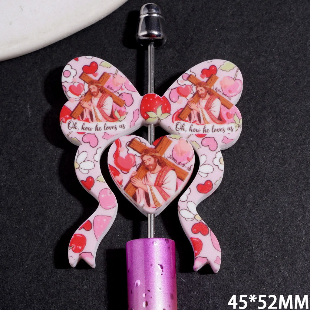 Silicone Focal Beads Bowtie and Heart Collection Set with Jesus Carry Cross Strawberry Heart Pattern, 45*52MM