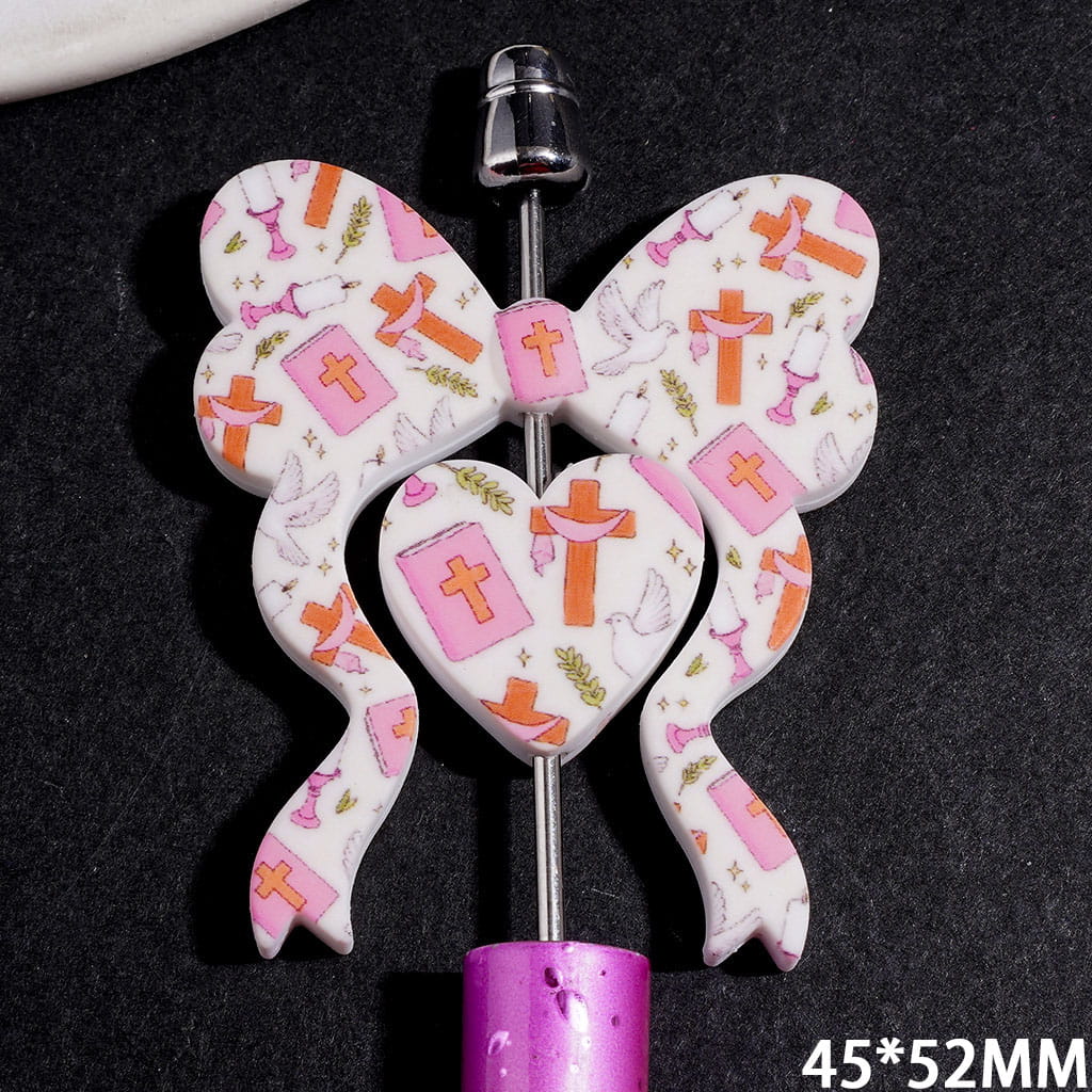 Faithful Dove, Candle & Bible Motif Printed Bowtie and Heart Shapes, Silicone Focal Beads Collection Set, 45*52MM