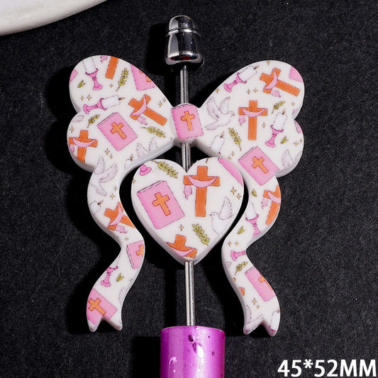 Faithful Dove, Candle & Bible Motif Printed Bowtie and Heart Shapes, Silicone Focal Beads Collection Set, 45*52MM