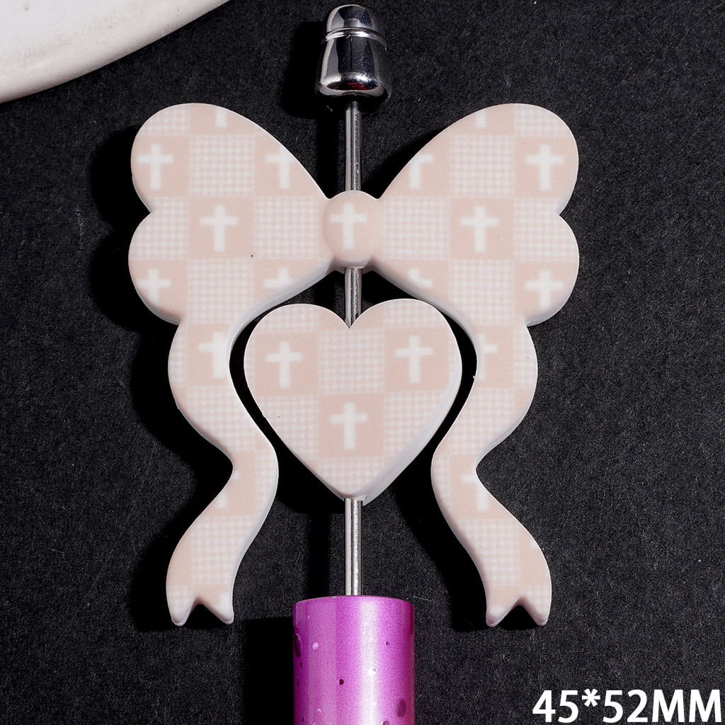Silicone Focal Beads Bowtie and Heart Collection Set with Checkered Cross Pattern, 45*52MM