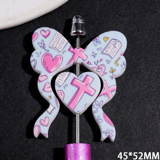Sacred Cross, Heart, Flower & Book Motifs Printed Bowtie and Heart Shapes, Silicone Focal Beads Collection Set, 45*52MM