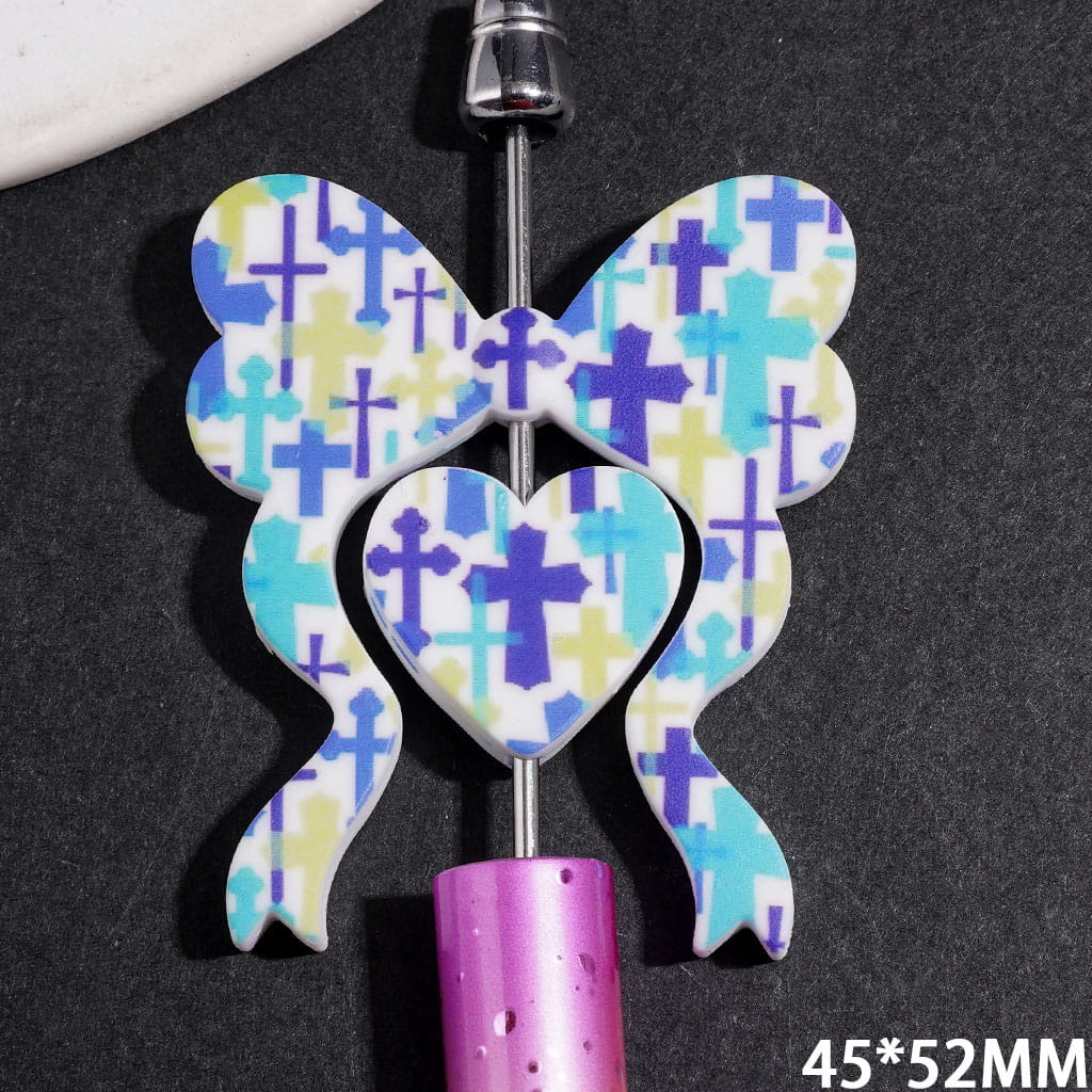 Silicone Focal Beads Bowtie and Heart Collection Set with Teal Dark Blue Light Yellow Green Cross Pattern, 45*52MM