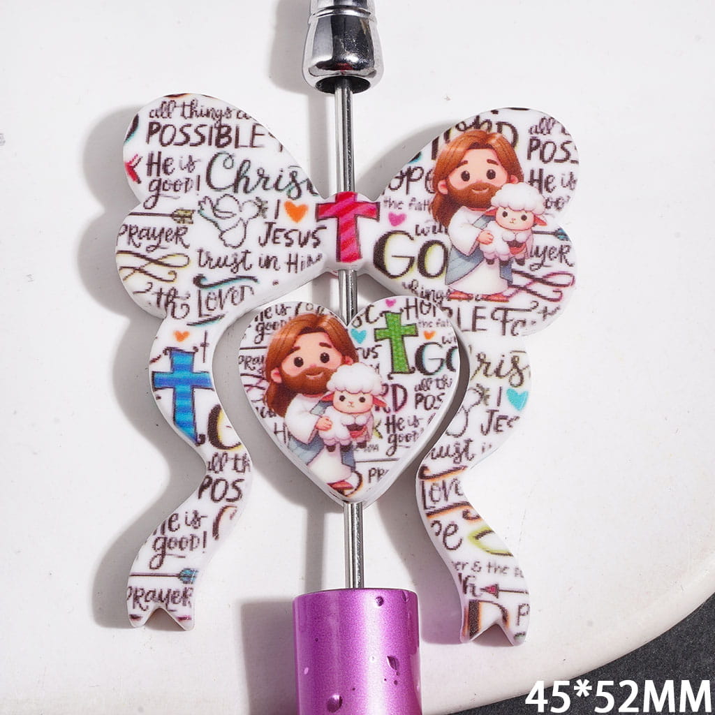 Christian Faith Jesus Holding Lamb Design on Bowtie & Heart Shapes, Silicone Focal Beads Collection Set, 45*52MM