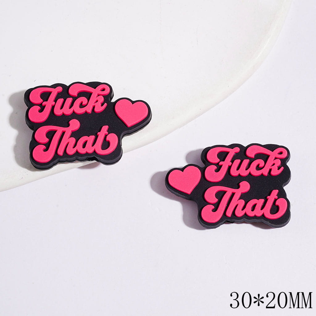 Barbie Pink Text "Humor That" and Heart Silicone Focal Beads, Black Background, 30*20MM
