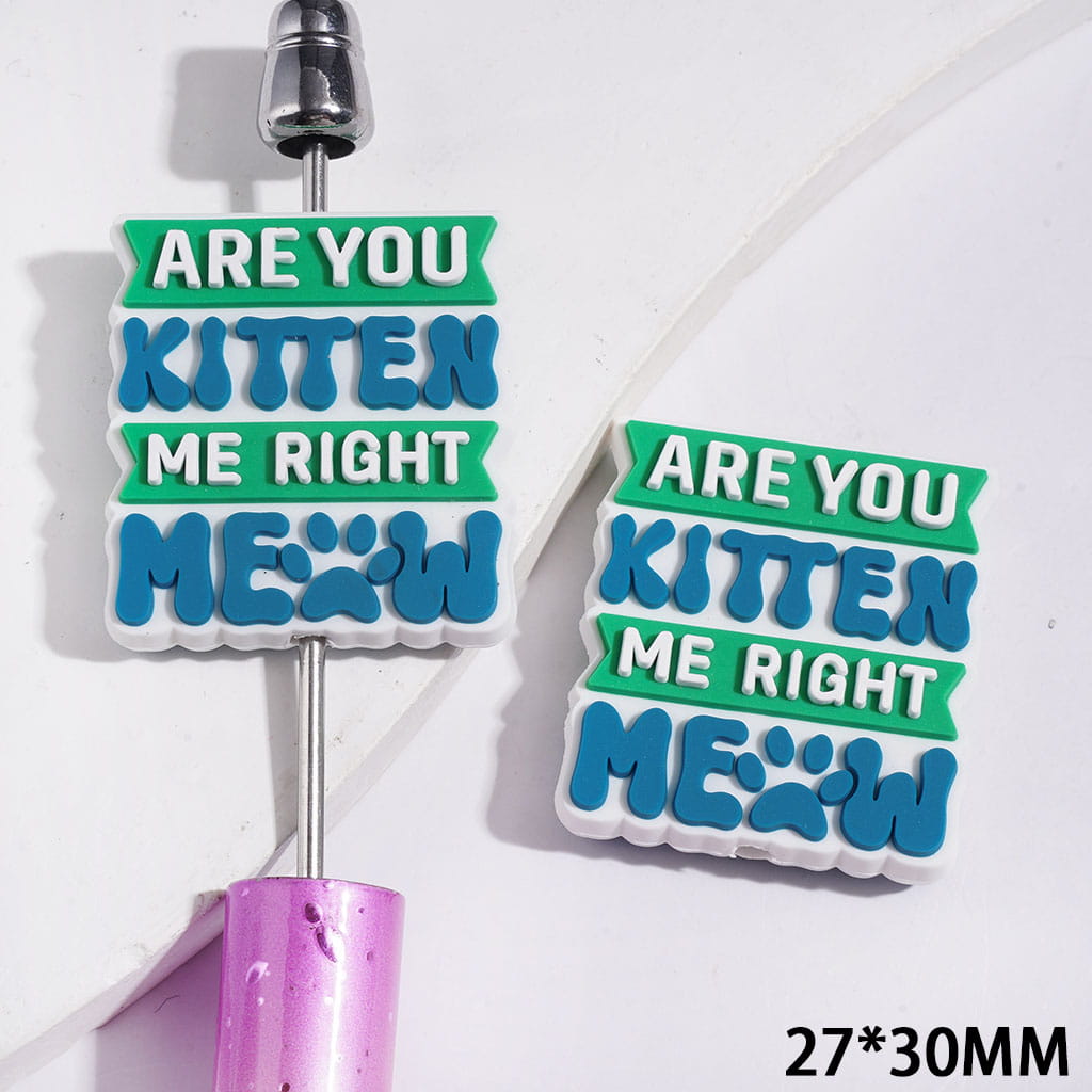 Silicone Focal Bead with Text "Are You Kitten Me Right Meow" on White Background, 27*30MM