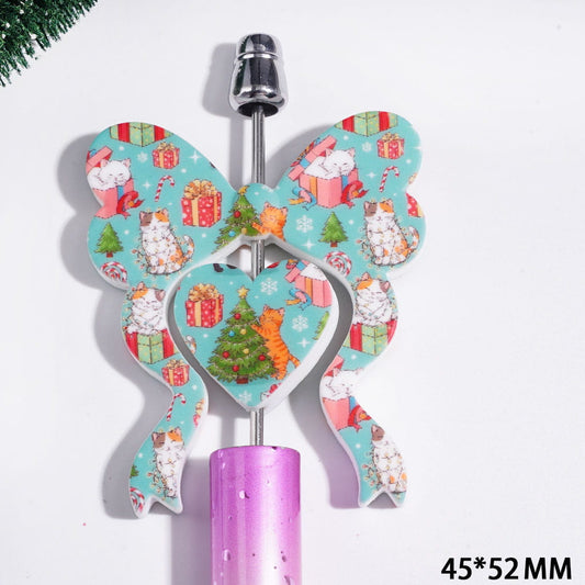 Festive Christmas Tree, Cat, Gift Box & Candy Cane Bowtie and Heart-Shaped Silicone Focal Beads Collection Set, 45*52MM