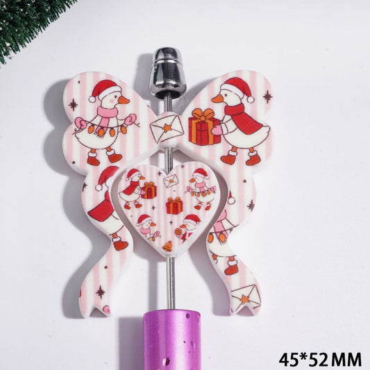 Festive Christmas Envelope & Duck Design Bowtie and Heart-Shaped Silicone Focal Beads Collection Set, 45*52MM