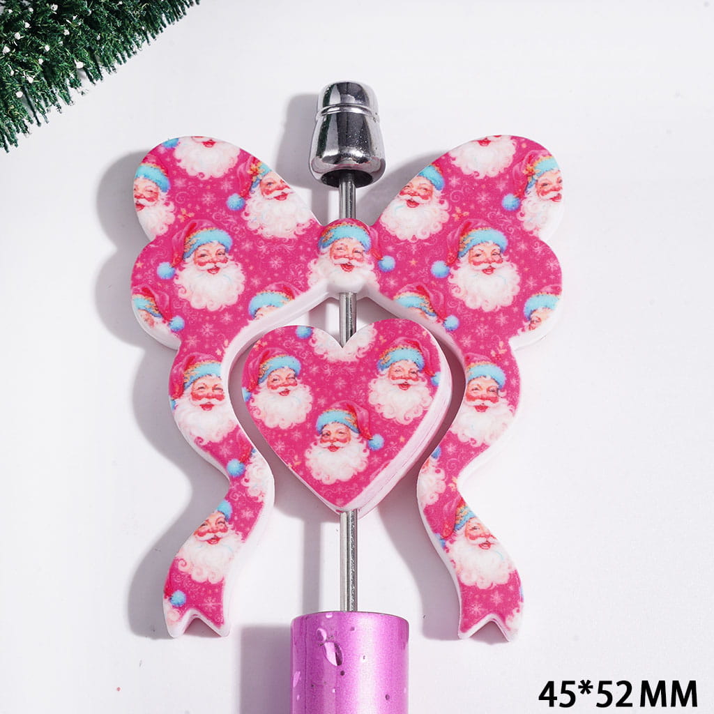 Silicone Focal Beads Rose Pink Bowtie and Heart Collection Set, with Christmas Santa Claus Portrait Pattern, 45*52MM